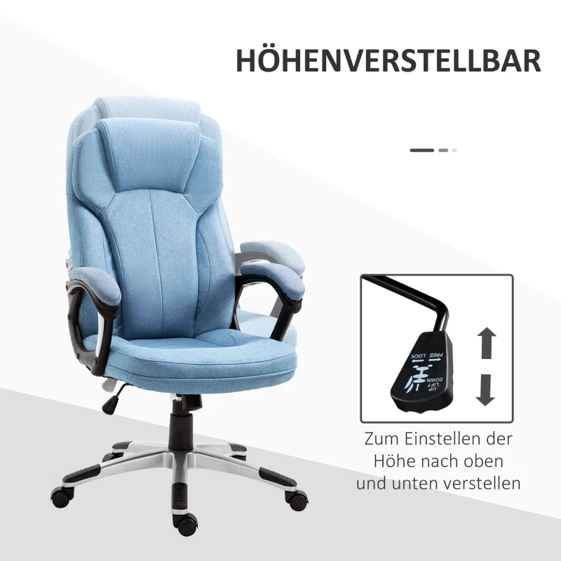 Vinsetto Bürostuhl Computerstuhl Drehstuhl höhenverstellbar Wippfunktion mit Kopfstütze und gepolsterte Armlehnen Ergonomisch Hellblau Leinen 66 x 75 x 110–120 cm