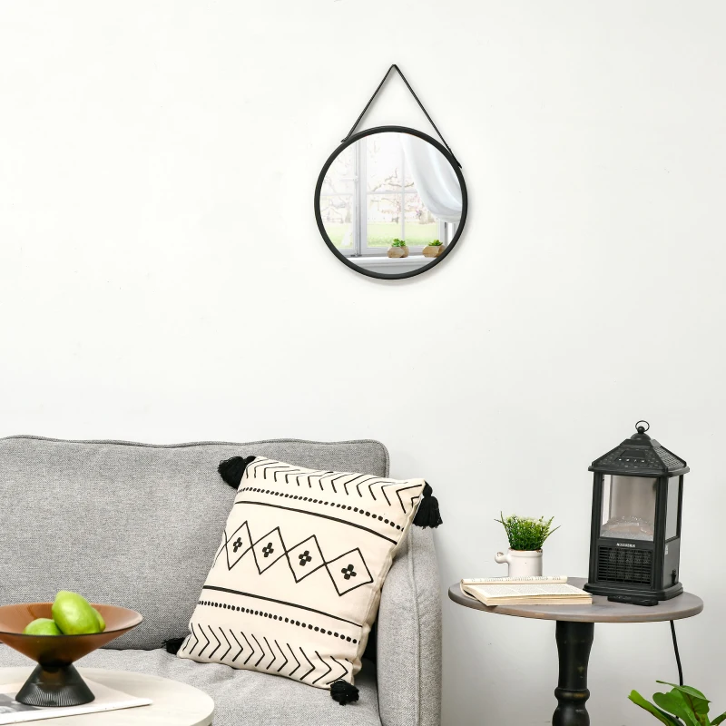 HOMCOM Espejo Decorativo de Pared 30x30 cm Espejo Redondo de Metal con Cinturón para Salón Entrada Estilo Moderno Negro