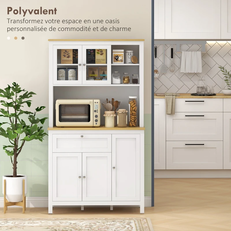 HOMCOM Buffet de cuisine haut 5 portes dont 2 portes vitrées et 1 tiroir, 1 niche centrale - hauteur 180 cm blanc