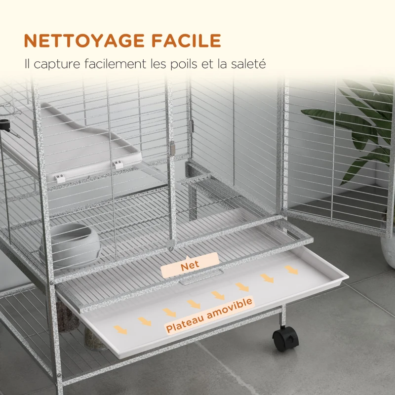 PawHut Cage pour petits animaux sur roulettes 2 niveaux avec 2 portes, 1 rampe, 1 étagère de rangement 61,5 x 44,5 x 86 cm gris