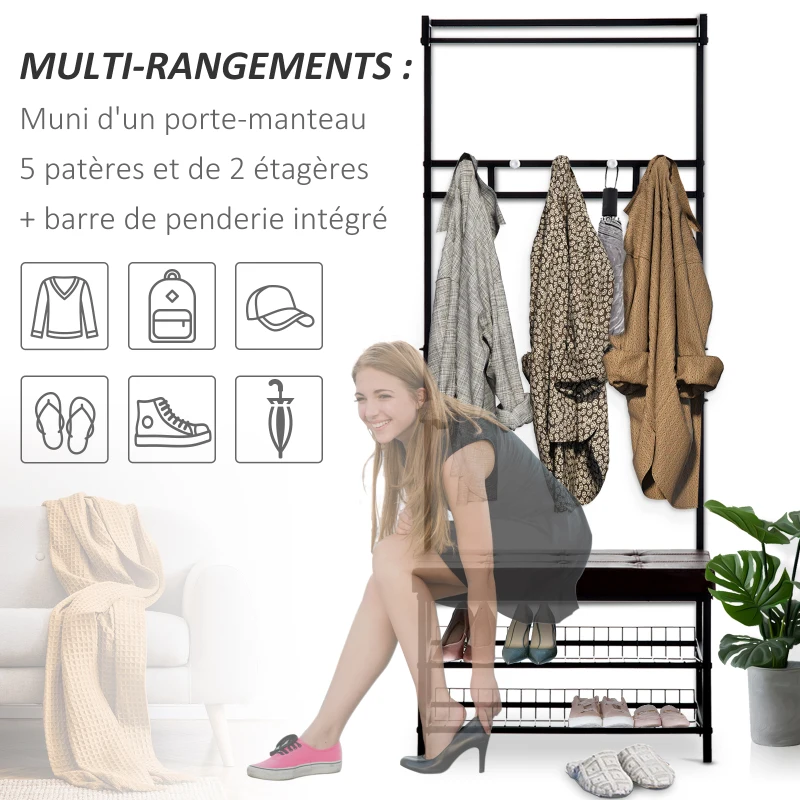 HOMCOM Porte-manteau vestiaire d'entrée banc intégré 2 étagères 5 patères + barre de penderie métal noir revêtement synthétique chocolat
