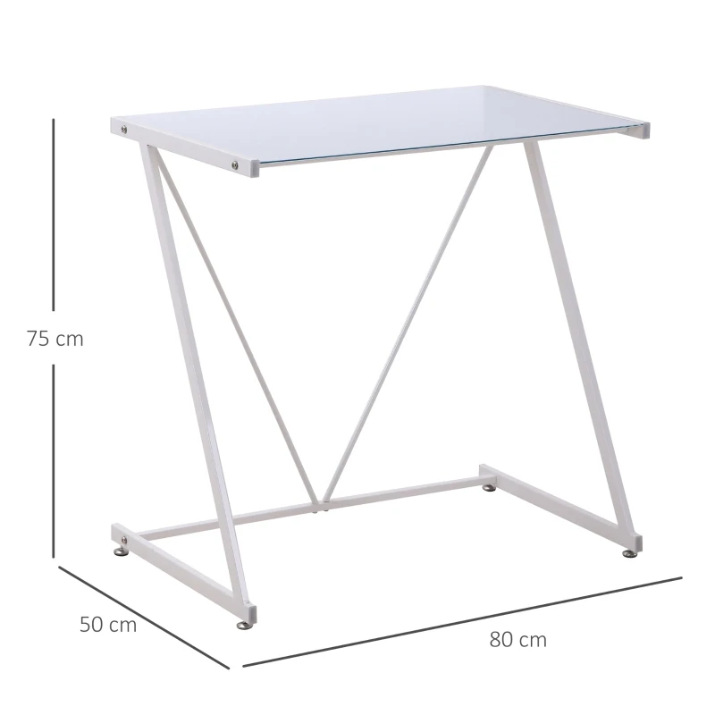 HOMCOM Escritorio Mesa de Ordenador 80x50x75 cm con Encimera de Vidrio Templado y Patas de Metal Carga 80 kg Estilo Moderno para Oficina Estudio Dormitorio Blanco
