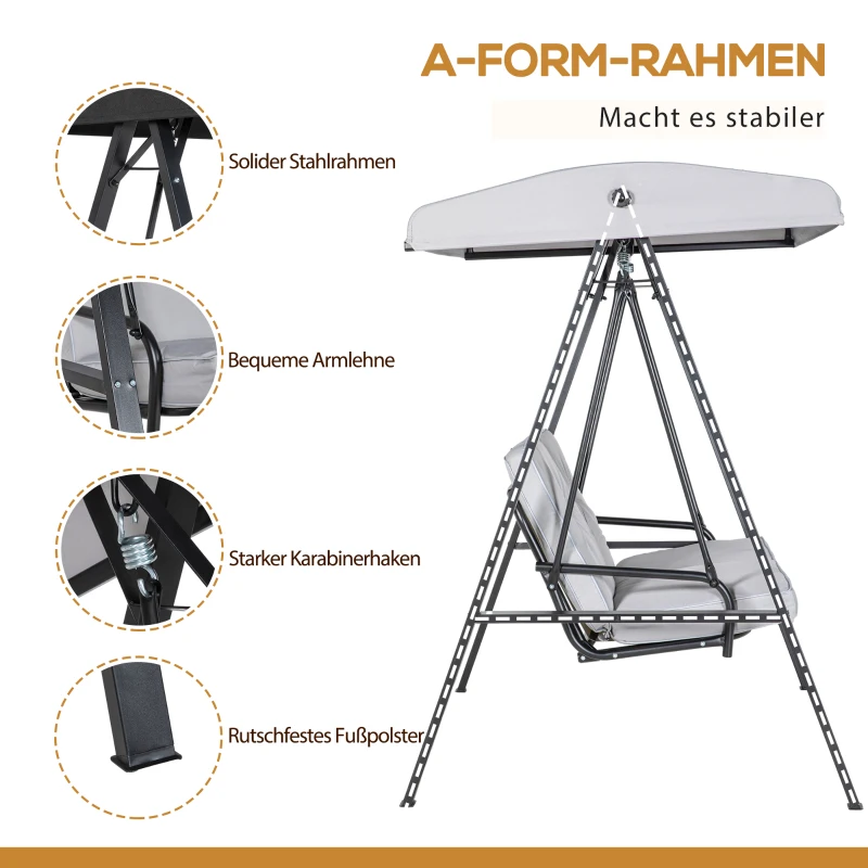 Outsunny Hollywoodschaukel, 2-Sitzer Gartenschaukel mit verstellbarem Dach, bis 220 kg belastbar, 145 x 116 x 172 cm, Grau