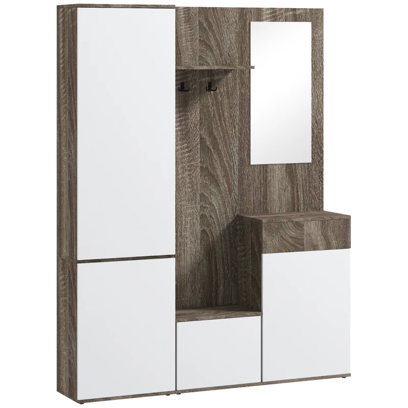 HOMCOM Mobile da Ingresso 4 in 1 con Specchio, Ganci e Ripiani Interni, in Legno, 145x29x184 cm, Nero e Bianco