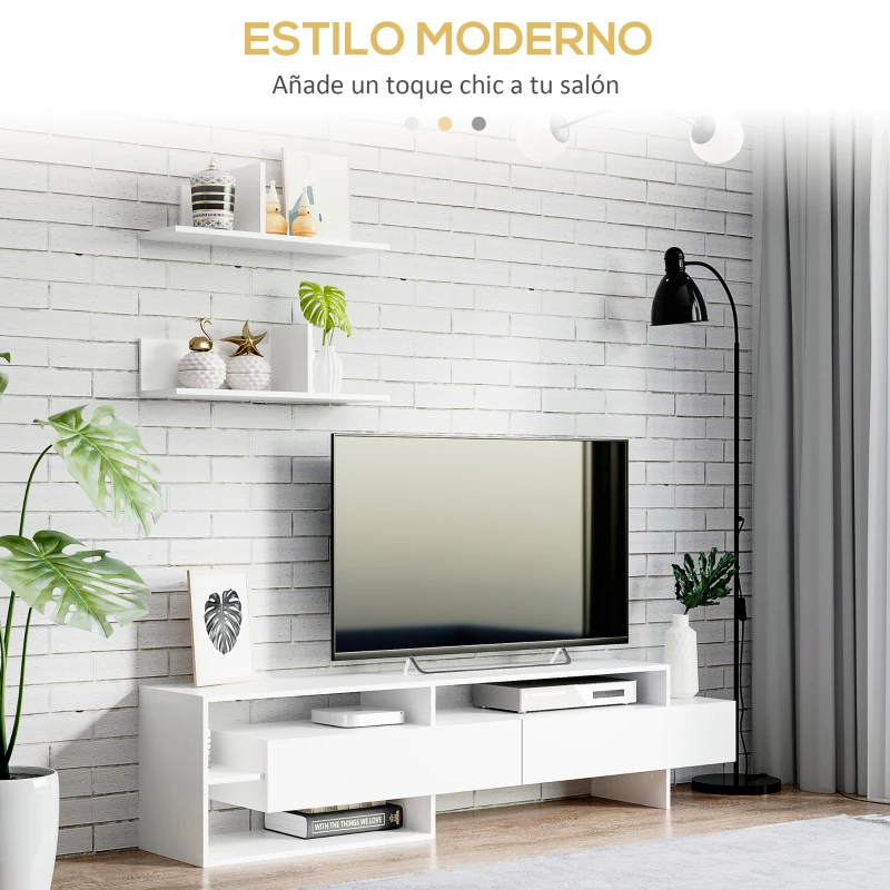 HOMCOM Mueble de Salón para TV con Mesa para Televisor 180x33,5x42 cm y 2 Estantes de Pared 65x20x20 cm Blanco