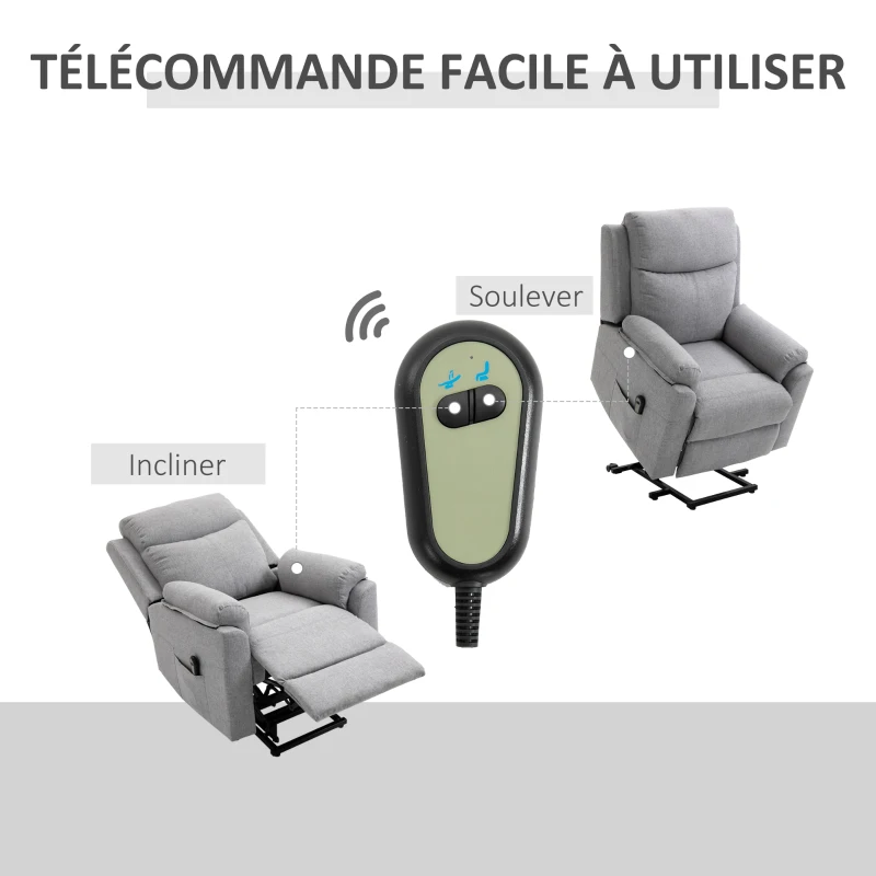 HOMCOM Fauteuil releveur électrique, fauteuil relax électrique avec repose-pied, dossier inclinable, télécommande et poche latérale charge 120kg tissu aspect lin gris clair(m-5)