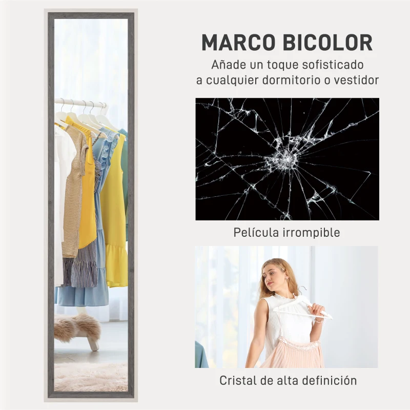 HOMCOM Espejo de Cuerpo Entero 157x37 cm Espejo de Pie o de Pared con Marco de MDF y Soporte Blanco y Gris