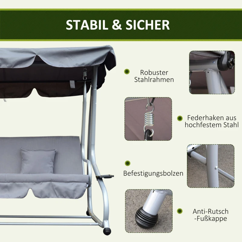 Outsunny Hollywoodschaukel, Liegefunktion, neigbares Dach, bis 340 kg, Stahlrahmen, 200 x 120 x 164 cm, Grau