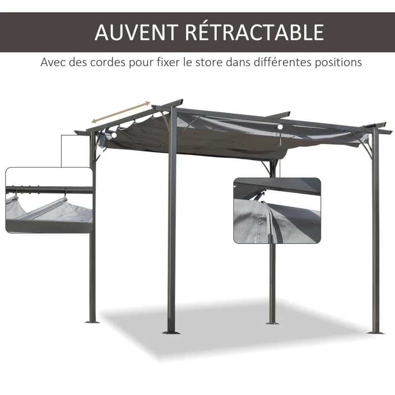 Outsunny Pergola rétractable 3L x 3l x 2,30H m structure métal époxy anticorrosion, toile polyester haute densité incluse gris