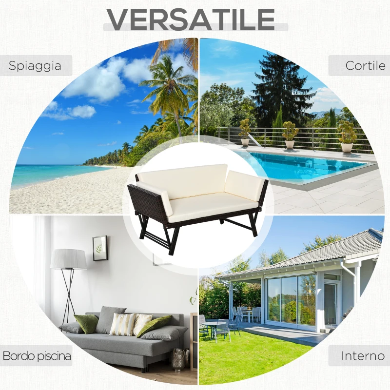 Outsunny Divano 2 Posti con Braccioli Estensibili da Giardino Rattan 129x63x67cm Bianco, Marrone