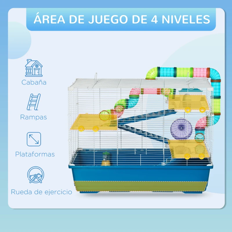 PawHut Jaula para Hámster Grande 79x46x60 cm Casa para Hámster con 3 Plataformas Tubos Comedero Bebedero 3 Rampas Rueda de Ejercicio y 2 Asas Portátiles Azul y Blanco