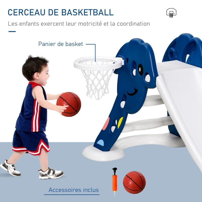 HOMCOM Toboggan Enfant Panier Basket Échelle d'escalade pour enfant 18 à 48 Mois Usage intérieur extérieur Charge Max 25KG dim. 146L x 68l x 68H cm Balle + Pompe incluses HDPE Bleu Blanc