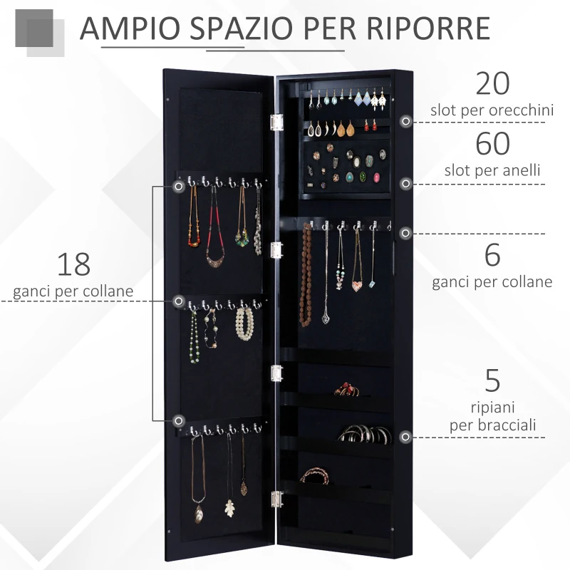 HOMCOM Specchio Portagioie da Parete con Ganci e Scompartimenti in Legno, Armadietto Portagioie con Specchio per Orecchini, Collane e Anelli, 37x9.5x121 cm, Nero