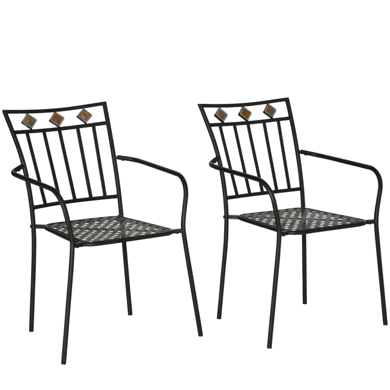Outsunny Lot de 2 chaises de jardin en métal époxy façon fer forgé avec mosaïque - accoudoirs