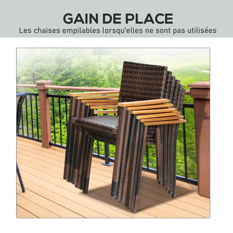 Outsunny Ensemble de table et 6 chaises de jardin en résine tressée avec coussins d'assise et plateau table en bois d'acacia - marron
