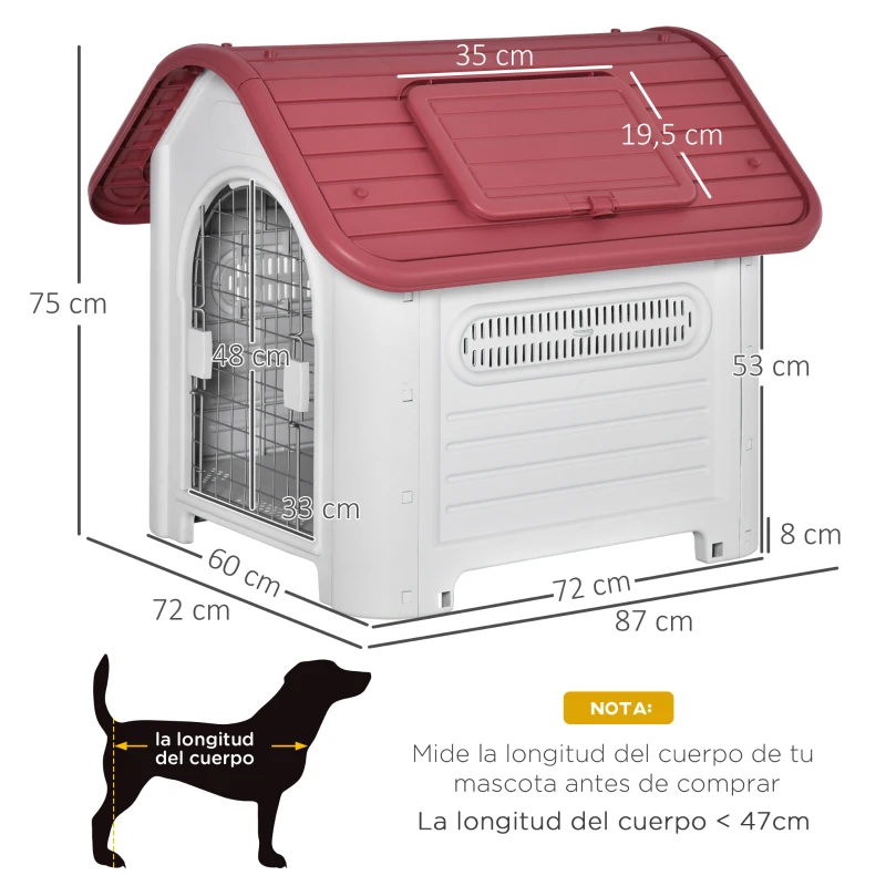 PawHut Caseta para Perro con Puerta Extraíble Base Elevada 3 Respiraderos y Ventana Abrible Caseta de Perros para Interior y Exterior 72x87x75 cm Gris Rojo