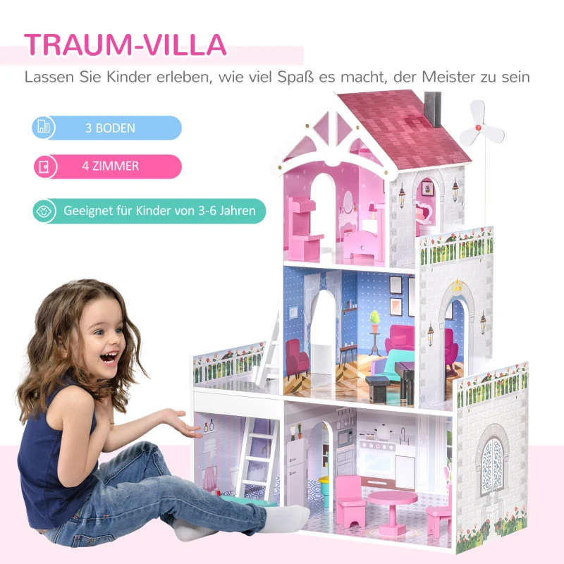 HOMCOM Puppenhaus aus Holz mit Möbeln Zubehör Puppenstube Puppenvilla 3 Etagen Dollhouse Große Spielset für Kinder ab 3 Jahren Rosa 60 x 29 x 85 cm