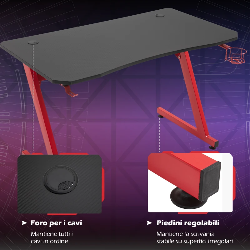 HOMCOM Scrivania da Gaming in Legno e Acciaio con Passacavi, Scrivania per Computer Portabicchieri e Gancio per Cuffie, Rosso e Nero,120x65x74.5cm