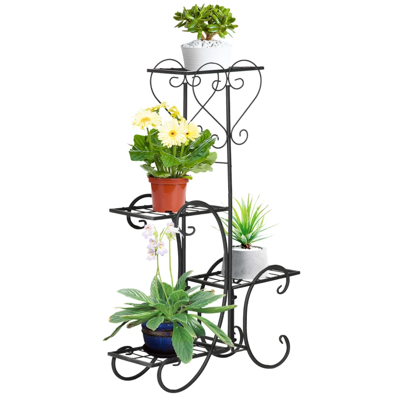 Outsunny Blumenständer Blumenregal aus Metall 4 Ebenen Pflanzenregal Blumentreppe Blumenständer für innen und außen Garten Balkon Schwarz 45 x 24,5 x 80 cm