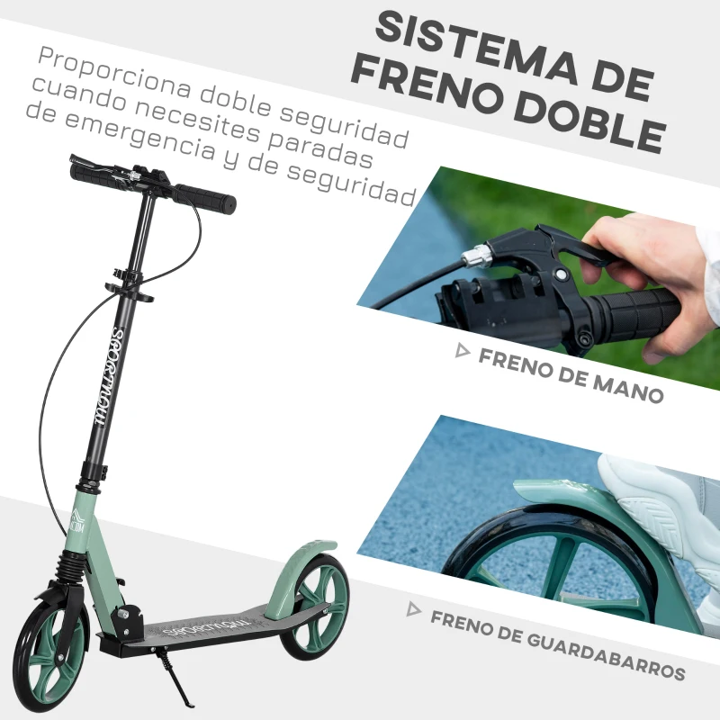 HOMCOM Patinete Plegable para Adultos y Niños de +14 Años Scooter con Manillar Ajustable 91,5x36,5x91-104 cm Verde
