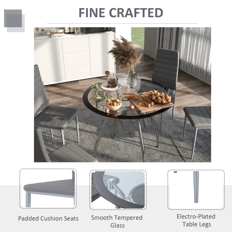 HOMCOM Five-Piece Dining Set, with Padded Chairs and Glass-Top Table - Grey