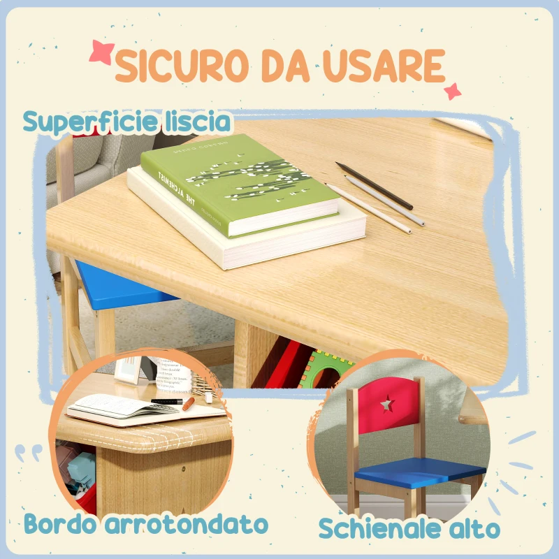 AIYAPLAY Set Tavolo e Sedie per Bambini 3-7 Anni con 2 Sedie e Tavolo con 4 Contenitori, in Legno e PP, color Legno