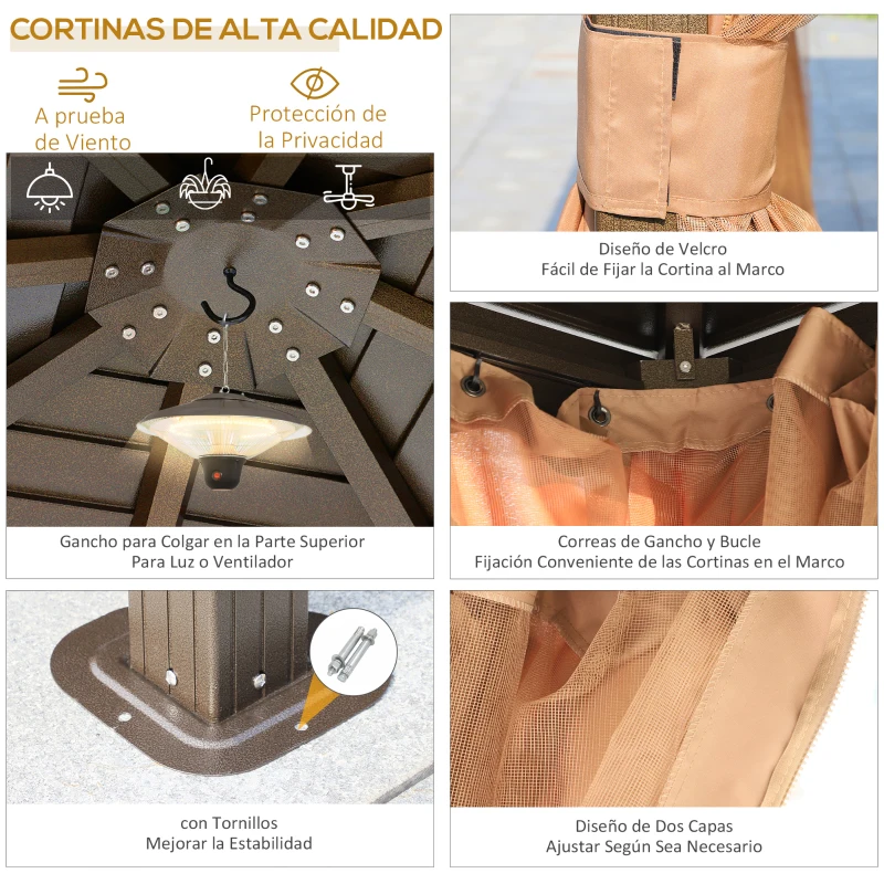 Outsunny Cenador de Jardín 3x3 m Marco de Aluminio con 4 Cortinas Laterales 4 Mosquiteras y Gancho para Lámpara Marrón