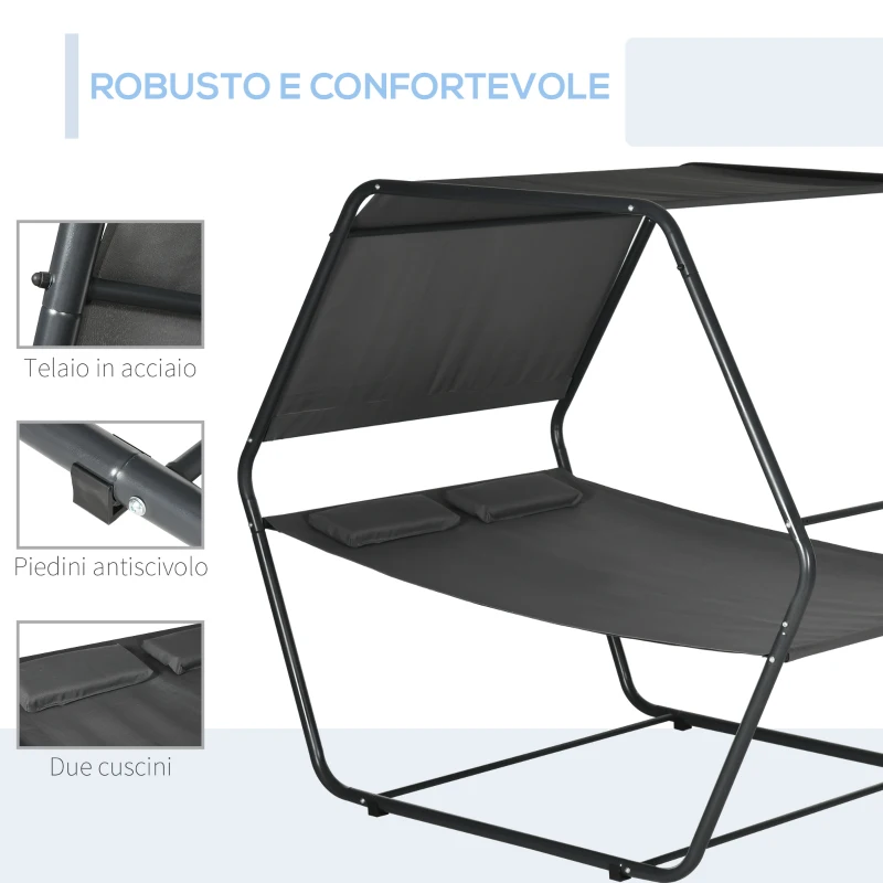 Outsunny Lettino Prendisole Reclinabile a 2 Posti in Acciaio con Cuscino e Tetto Parasole, 210x140x177 cm, Grigio