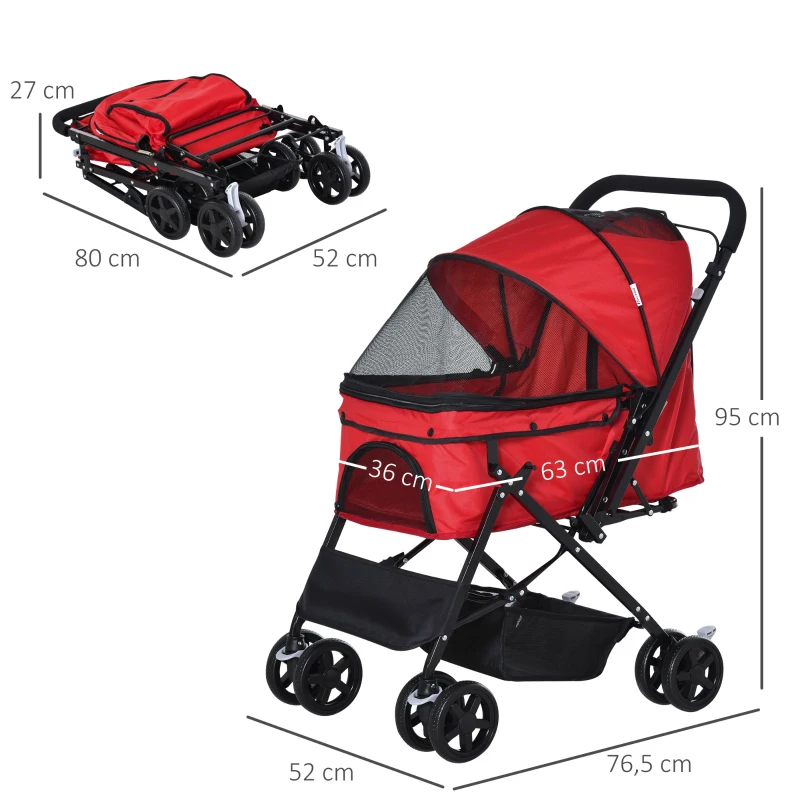 PawHut Poussette pour chien animaux de compagnie pliable 4 roues EVA guidon réglable panier 76,5 x 52 x 95 cm
