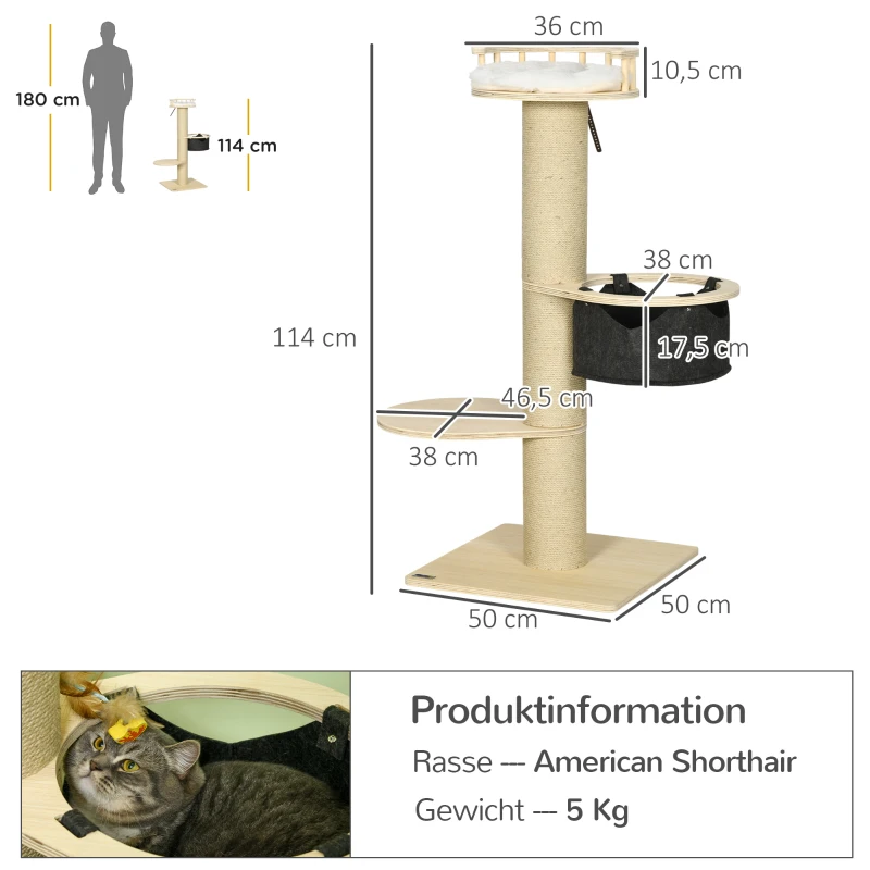 PawHut Kratzbaum, mit Liegeplattform, Sitzplattform, Hängematte, Liegekissen, 50 x 50 x 114 cm