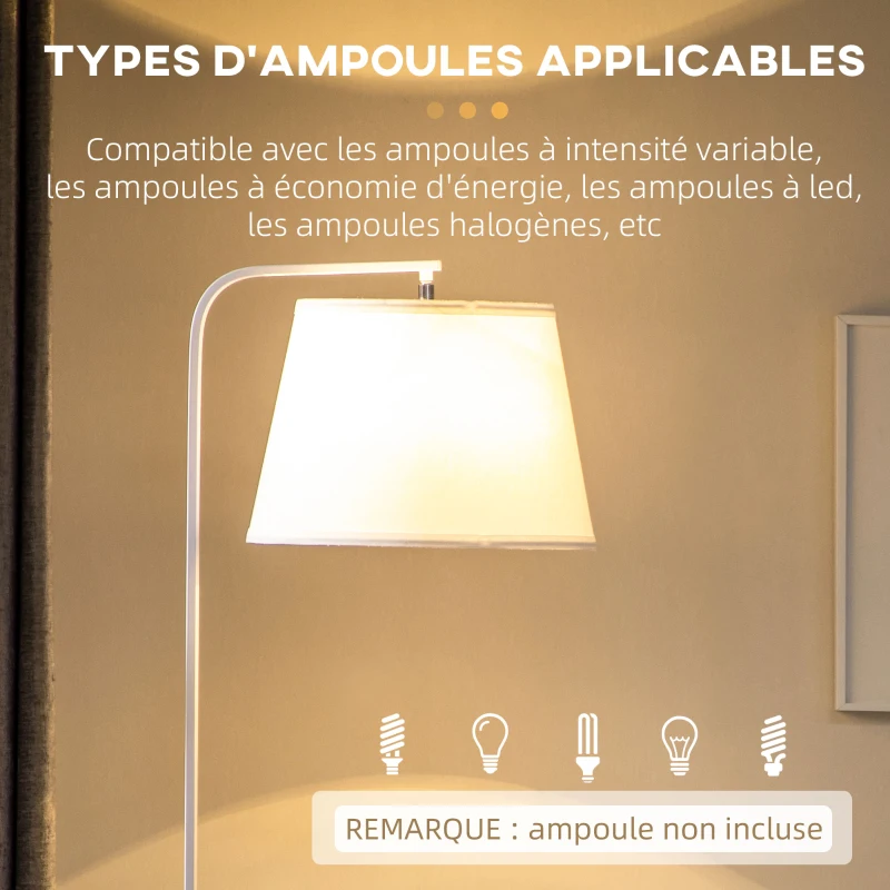 HOMCOM Lampadaire sur pied avec abat-jour en tissu 2 étagères rondes en bois interrupteur au pied hauteur 162 cm blanc