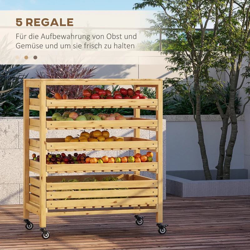 Outsunny Gemüsehorde mit 5 Regalen, Obstkiste, Gemüsekiste, wetterbeständig, 4 Rollen, 73 cm x 45 cm x 91 cm, Natur