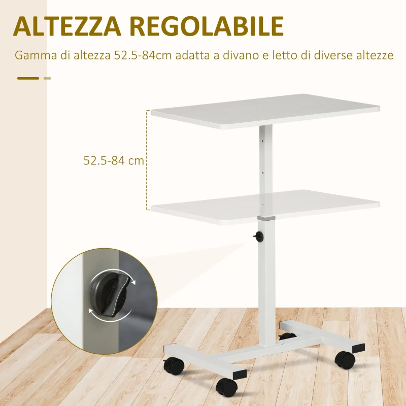 HOMCOM Tavolino Porta PC con Altezza Regolabile e Ruote, 60x40x52.5-84cm, Bianco