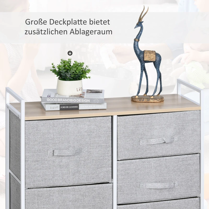 HOMCOM Schubladenschrank, Aufbewahrungsschrank, Stoffkommode mit 5 Stoffschubladen, Stoff+ Holz +Metallrahmen, Grau, 83 x 29 x 77 cm