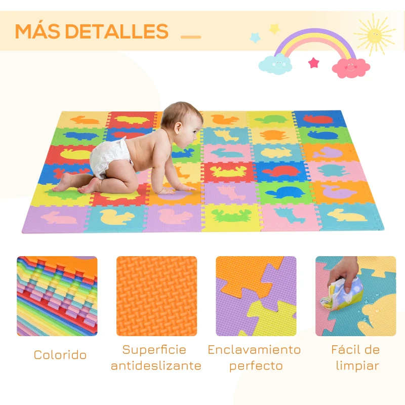 HOMCOM Alfombra Puzzle para Bebés 36 Piezas 31,5x31,5 cm Juego Rompecabezas Infantil Modelo de Animales Suelo de Espuma EVA Área de Cobertura 3,24 m² Multicolor