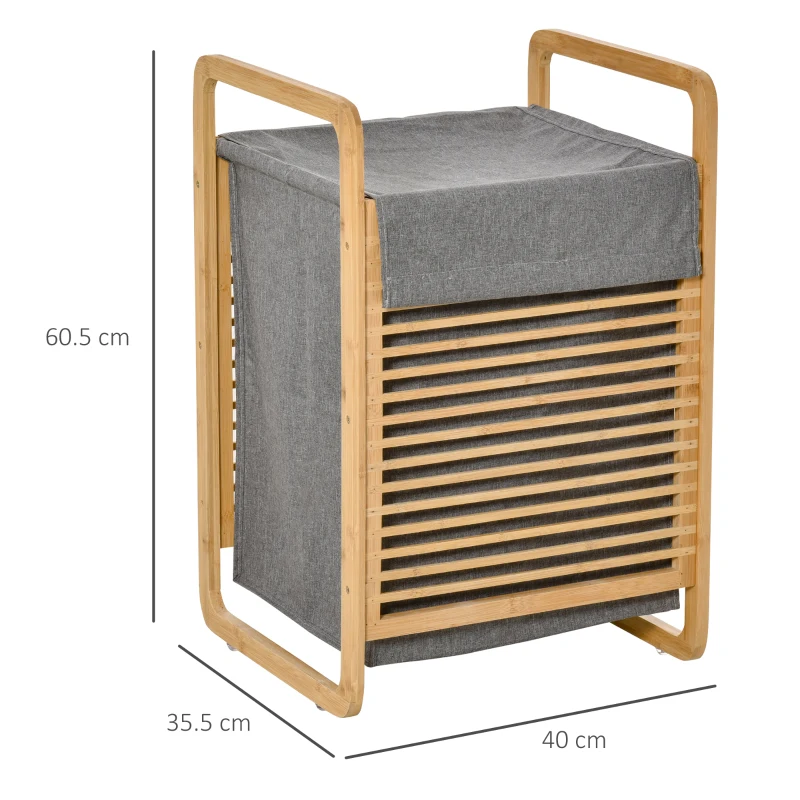 HOMCOM Cesto Portabiancheria con Sacco Rimovibile, Arredamento Bagno Stile Nordico in Bambù e Tessuto, 40x35.5x60.5cm, Legno e Grigio