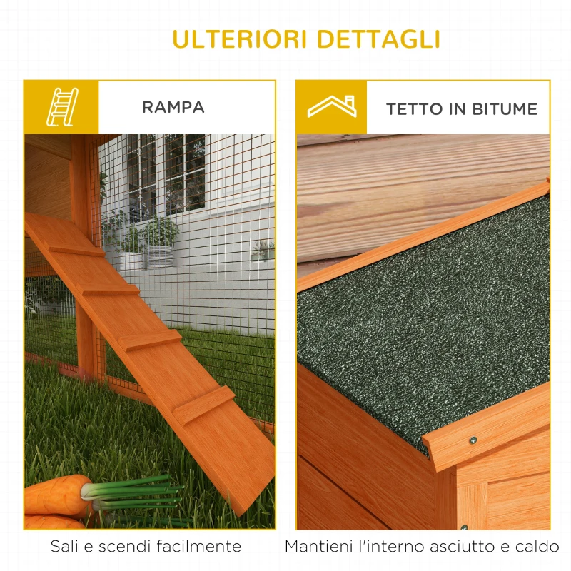 PawHut Conigliera a 2 Piani da Esterno in Legno di Abete e Filo di Metallo, 150x45x85 cm, Arancione