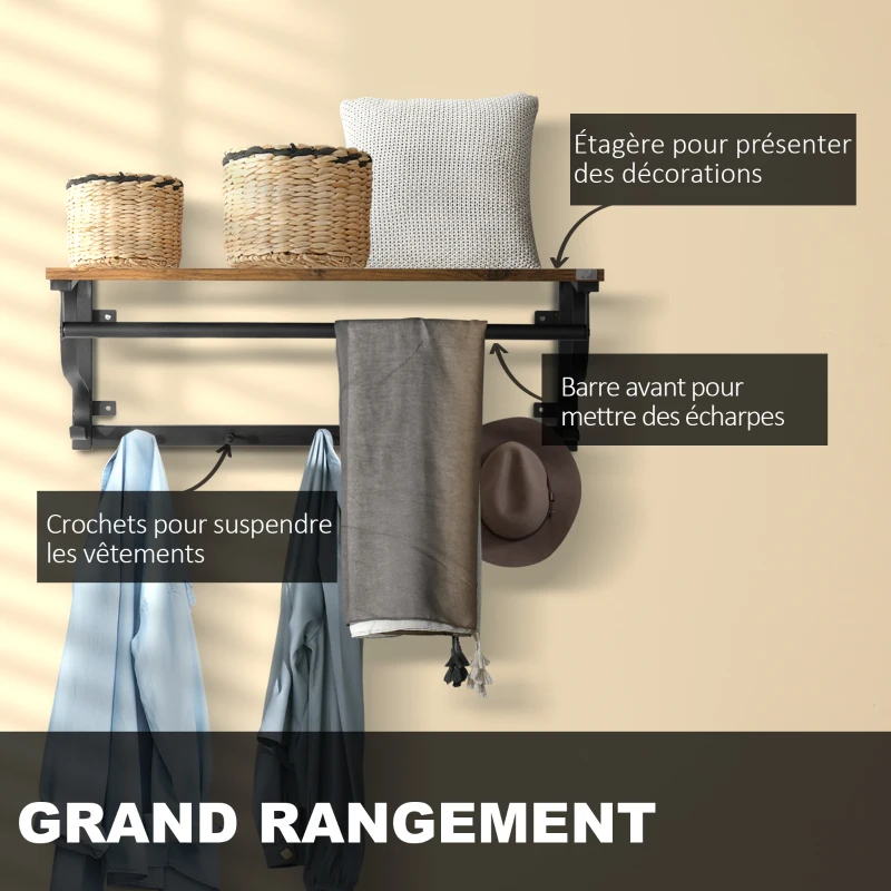 HOMCOM Porte-manteau Étagère Murale Flottante Meuble Entrée, Vestiaire, Style Industrielle avec Crochets et Tringle - en métal pour Cuisine, Salon, Chambre et Salle de Bain
