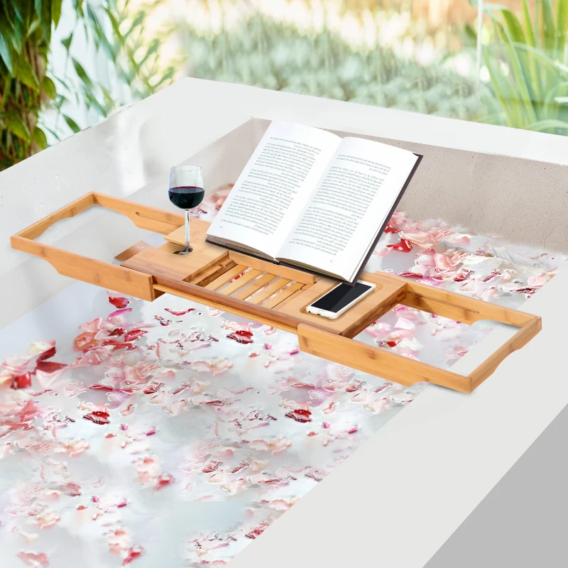 HOMCOM Pont tablette plateau de baignoire avec support de livre longueur réglable 70-105 cm bambou