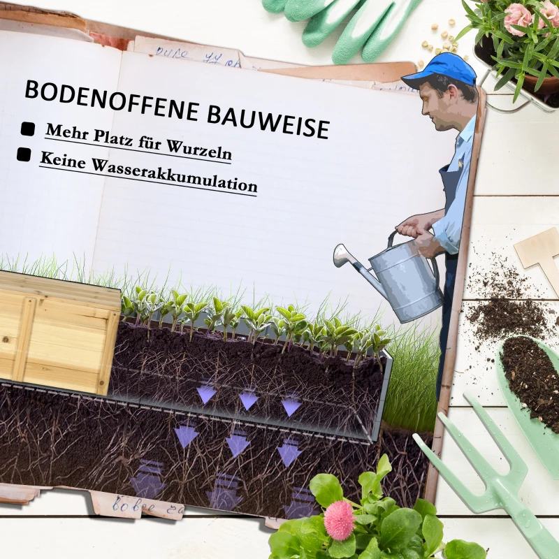 Outsunny Hochbeet mit Sitzbank Pflanzkasten mit Sitzbank, wetterbeständig, 240 cm x 42 cm x 32 cm, Blau + Natur