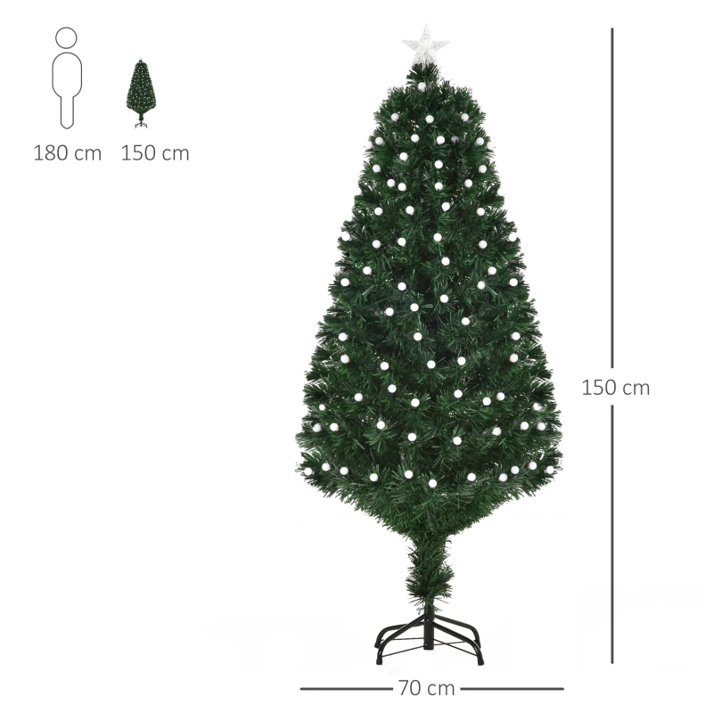 HOMCOM Sapin de Noël Artificiel Lumineux 150H cm Fibre Optique LED 170 Ampoules Multicolores 170 Branches étoile Sommet Brillante Vert