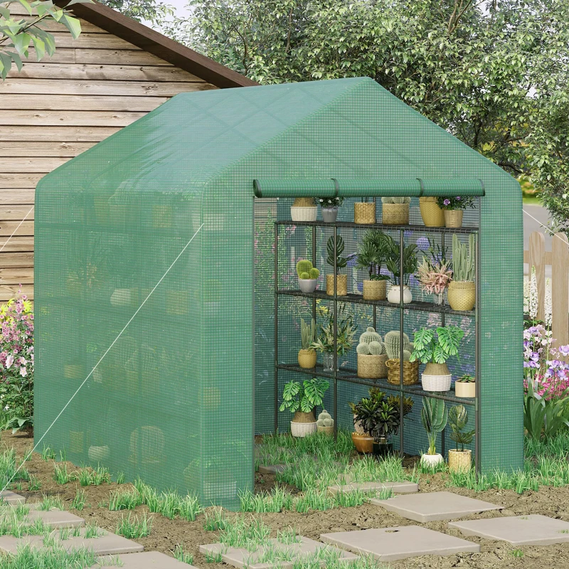 Outsunny Walk-in Greenhouse with 4 Tier 24 Shelves, Portable Grow House with Roll-up Zipped Door, 244 x 180 x 210cm, Green
