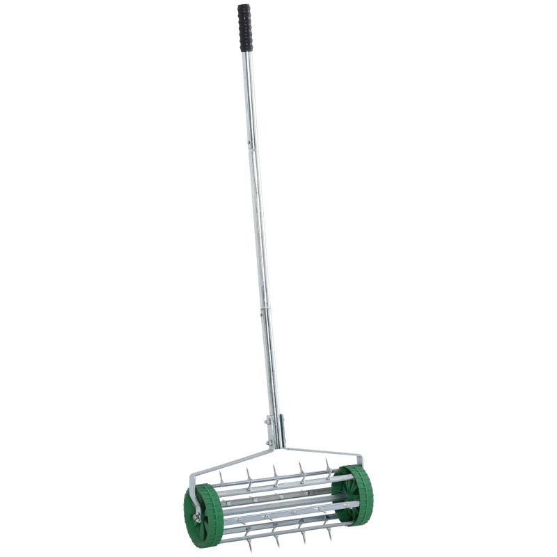 Outsunny Rasenlüfter Grifflänge einstellbar Handvertikutierer Rasenbelüften Stachelwalze Rasen rollender Rasenlüfter pflegen Garten verzinktes Rohr Grün+Silber 139 x 43,5 x 15 cm