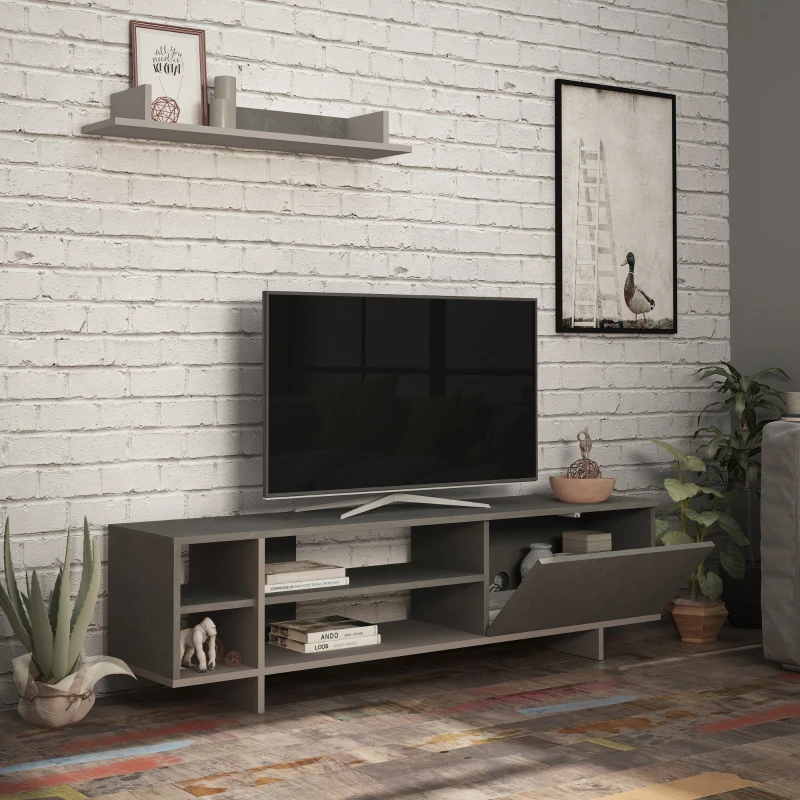 HOMCOM Set Mobile Porta TV con Armadietto e Mensola da Appendere in Legno, 160x35.6x44cm - Grigio