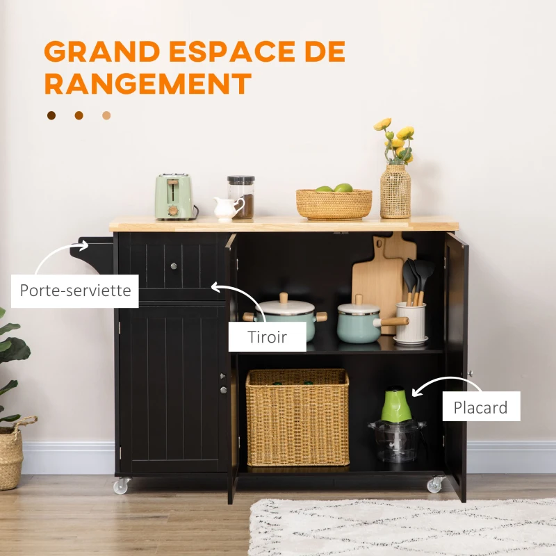 HOMCOM Desserte ilot de cuisine multi-rangements 1 tiroir 2 placards 3 portes avec étagère porte-torchons bois d'hévéa noir