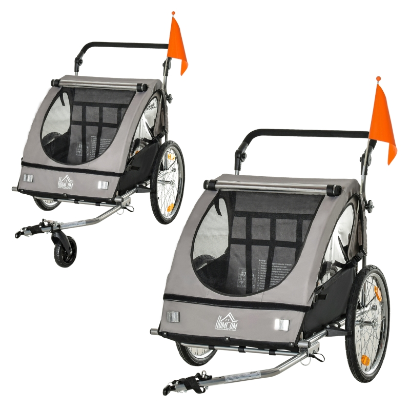 HOMCOM 2 in 1 Kinderanhnger Anhnger 360 Drehbar Fahrradanhnger 2 Kinder  Buggy Kinderwagen mit Fnf-Punkt-Sicherheitsgurt Joggerfunktion Metall  Oxford Grau+Schwarz 160 x 84 x 106 cm | Aosom.de