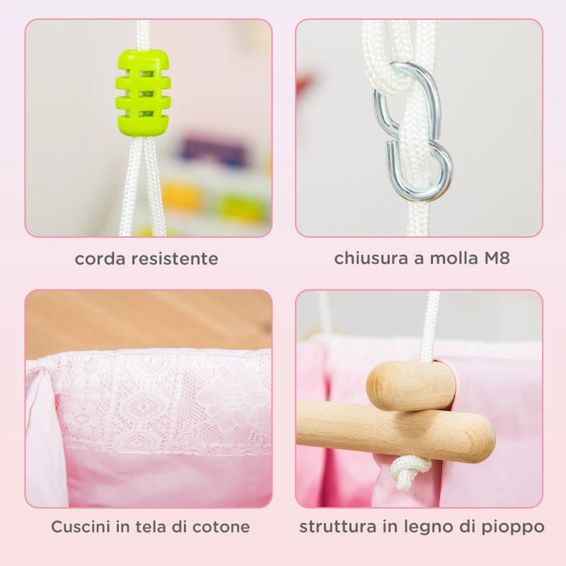 Outsunny Seggiolino Altalena per Bambini in Tessuto e Legno con Cuscino, 40x40x180cm, Rosa