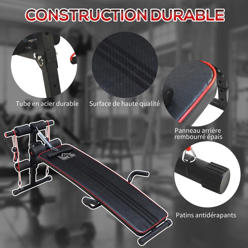 HOMCOM Banc de musculation appareil à abdo hauteur réglable 137,5L x 55,5l x 50-68H cm 2 bandes de résistances + ressort central traction acier noir rouge