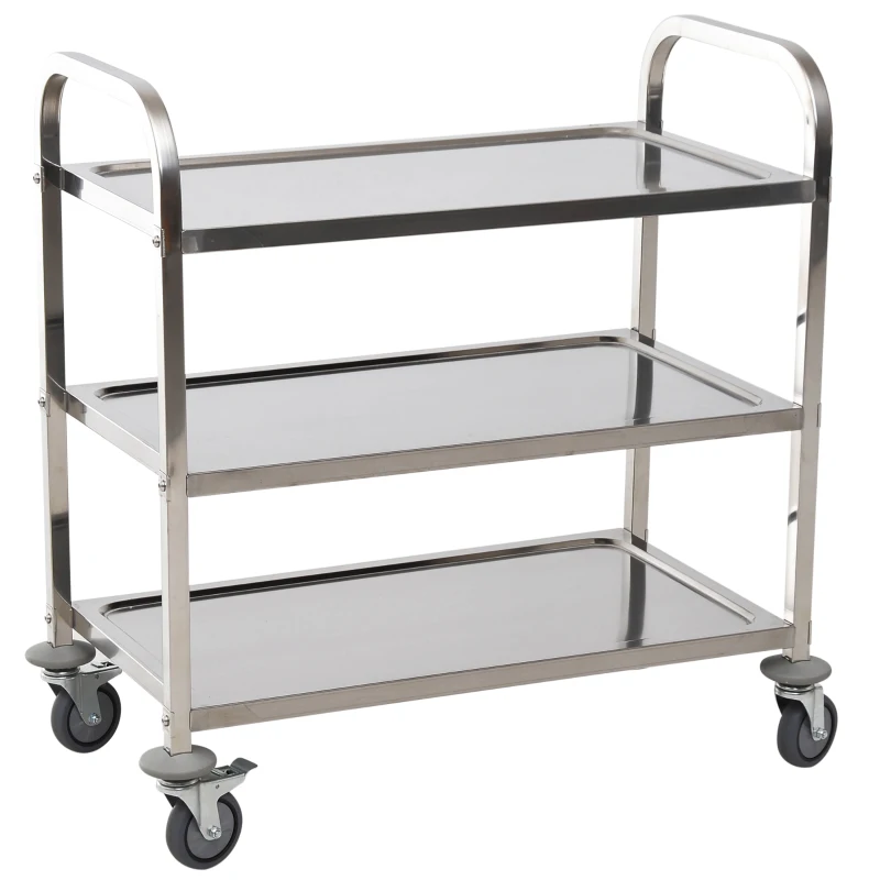 HOMCOM Carrito Auxiliar con Ruedas de Acero Inoxidable 90,5x50,5x88,2 cm Carrito de Cocina con Bandejas y 2 Brazos Plata