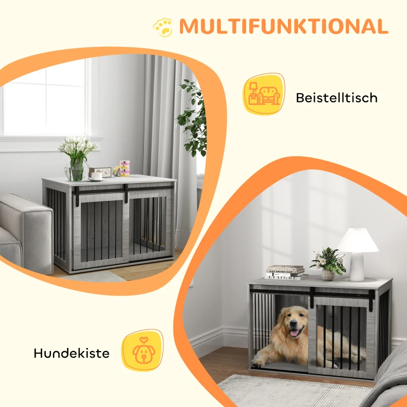 PawHut Hundebox mit Schiebetür, Belüftung, Spanplatte und Stahl, 98 x 58 x 61 cm, Grau(m-5)